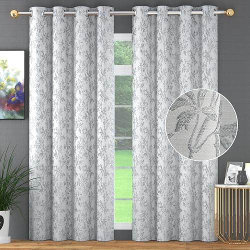 Image of FRESH FROM LOOM Heavy Jari Jacquard Premium Luxury Elegant Floral Eyelet Curtain 8 Feet Long Door & Window | Light Blocking 80% Semi Blackout | Double Stitched | Durable Fabric Parda (8ft, Grey, 2pc)