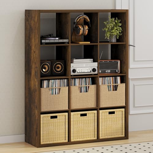 Image of Furinno Cubicle Record Player Stand, 12-Cube Record Storage, Amber Pine | Vinyl Storage, 1.2 inchInch Extra Thick, Open Back Media Shelf for CD DVD Bluray Game Disc, for Living Room, Home Office
