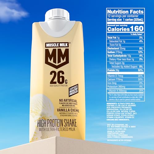 Muscle Milk High Protein Shake, Vanilla Creme, 11 fl oz Cartons (12 Pack) Ultra Filtered Milk, 26g High Quality Protein Shake, 3g Sugar, 160 Calories, No Artificial Flavors, No Artificial Sweeteners, No Added Colors - Image 3