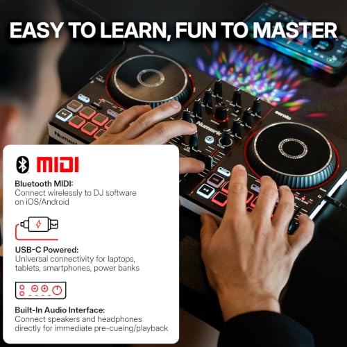 Image of Numark Party Mix III Bluetooth DJ Controller with Built-in Lights | Beat Assist, Smart Fader, 16 Pads, 2 Deck DJ Mixer, Stems Control, USB-C, Serato DJ Lite and Algoriddim djay Included