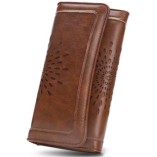 APHISON Womens Wallets RFID Blocking Leather Clutch Long Wallet for Women Card Holder Phone Organizer Ladies Travel Purse Hollow Out Sunflower Design Gift