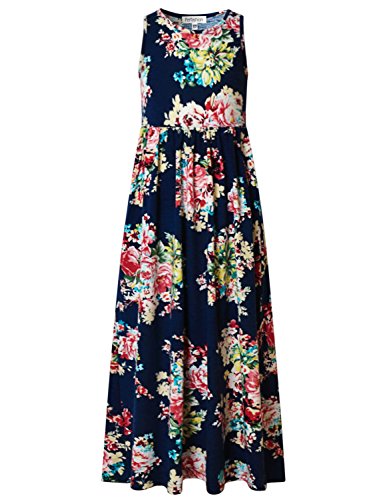 Perfashion Girls' Sleeveless Maxi Dress with Pockets, Navy Floral, 150/10-11T