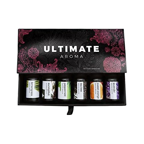 Ultimate Aroma Essential Oils, 100% Pure Therapeutic Grade Oils kit- Top 6 Aromatherapy Oils Gift Set - 6 10ML (Eucalyptus, Lavender, Lemon Grass, Orange, Peppermint, Tea Tree) Cover
