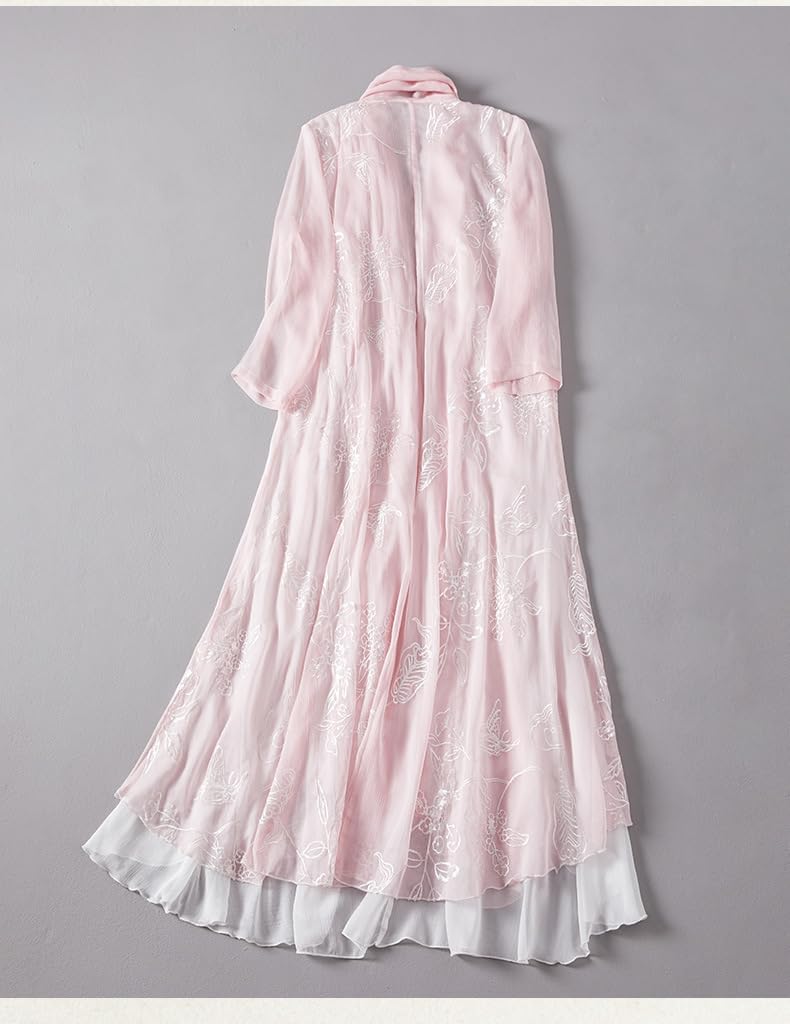 Women's Cardigan, Womens Chinese Style Chiffon Embroidery Pea Coat (Hanfu) (Pink,One_Size)