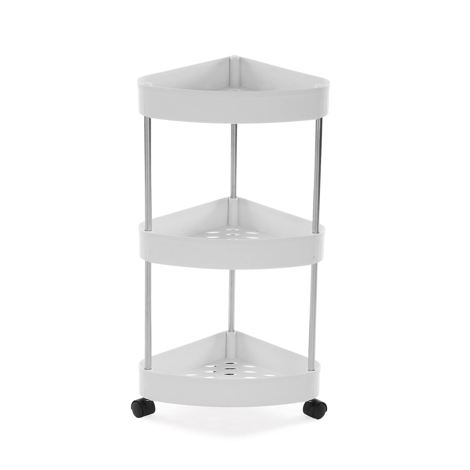 Versa Arnoth Meuble Auxiliaire d'angle pour Salle de Bain, Chariot de Rangement, avec 3 Étagères et roulettes, Dimensions (Hauteur x Longueur x Largeur) 65 x 25 x 32, Plastique, Couleur Blanche