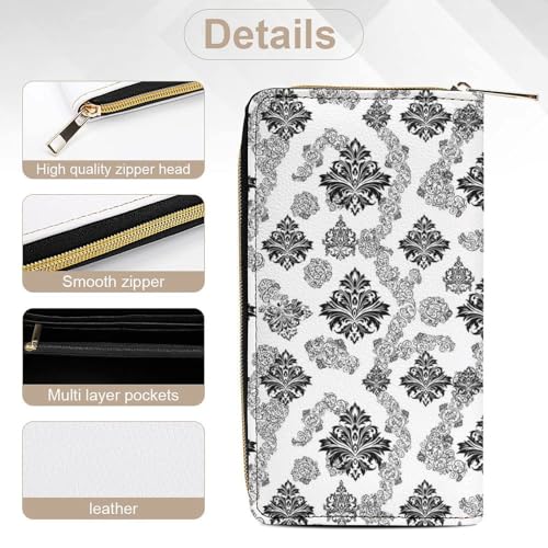 Leather Wallets for Men Women, Slim Credit Card Holder Compartment, Multi-Layer Inner Zip Antique Classical Damask Flowers Pattern Traditional Artwork Wallet 5