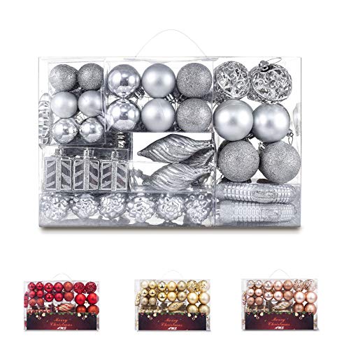 AMS 90ct Christmas Ball Assorted Pendant Shatterproof Ball Ornament Set Seasonal Decorations with Reusable Hand-Help Gift Boxes Ideal for Xmas, Holiday and Part (90ct, Silver)