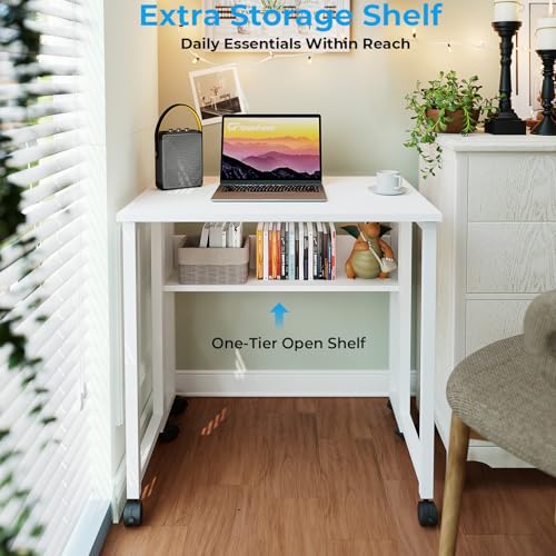 Image of GreenForest Folding Desk with Wheels, 24.8 Inch Compact Rolling Computer Table with Storage Shelf, Portable Mobile Workstation for Small Spaces, Easy Assembly, Pure White