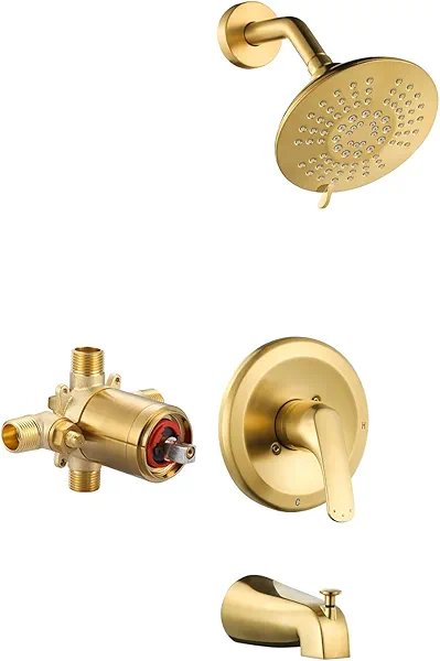 Shower Faucet with Valve, Bathroom Tub Shower Faucet Kit, Single Handle Rain Shower Head with Tub Spout, Solid Brass Shower Tub Faucet Set Complete, Bathtub Faucet with Shower, Brushed Gold