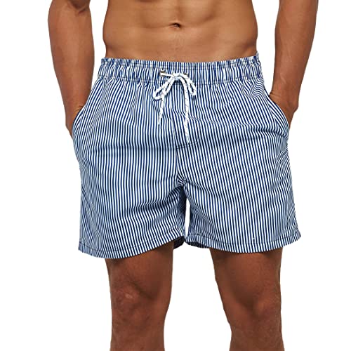 HLVEXH Männer Coolen lässigen Badehose für Strand Schwimmbad Wasser Sport Strandshorts Blau Leicht Gestreift L