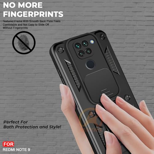 Image of Armor Bumper Back Cover Case for Redmi Note 9 Rotating Camera Cover, Ring Holder & Kickstand | Heavy Duty & 360 Degree Protection Redmi Note 9 Back Cover (Black)