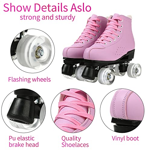 Kyis Womens Roller Skates Hightop Shiny Pu Leather Rubber Classic Roller Artistic For Outdoor Skating (Pink(Flash Wheel),6) #TOP4