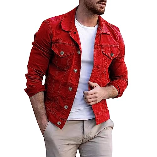 VaiKanhai Chaqueta vaquera para hombre, clásica, informal, chaqueta de entretiempo, chaqueta de hombre, chaqueta vaquera con botones, chaqueta vaquera, chaqueta vaquera, ajuste normal, M-3XL, rojo, XL