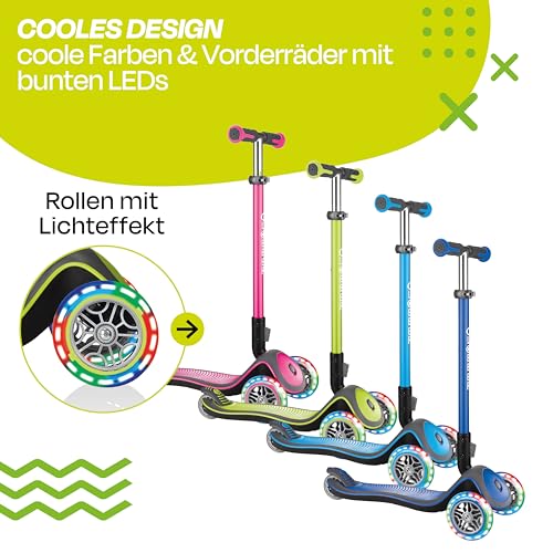 GLOBBER Elite Deluxe Lights - Tretroller Kinder, 120/80 mm, ABEC 5, 3-r&auml;drig, h&ouml;henverstellbar, LED-Rollen, Lime gr&uuml;n