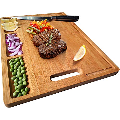 Tabla de cortar grande de bambú natural para cocina con 3 compartimentos integrados y ranura para jugos, bloque de carnicero, tabla de tallar para carne, queso, frutas y verduras, 43 x 32 cm Cover