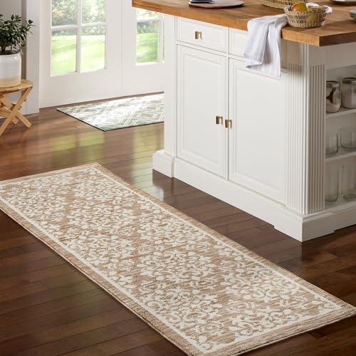 TOWN & COUNTRY EVERYDAY Walker Damask Medallion Everwash™ Washable Multi-Use Decorative Rug, Tufted Kitchen Runner Rug, Low-Profile Door Mat, Bath Rug with Non-Slip Backing, Beige, 24