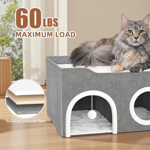 All-in-1 Extra-Wide Cat House for Indoor, Multi Cats Puppy Family, Large Cat Cave for Pet House with Fluffy Ball Hanging and Scratch Pad, Foldable Dog Hideaway, 35.4x19.6x13.3 inches, Grey - Image 6
