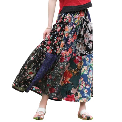 Women's Bohemian Floral Patchwork Maxi Skirts 2025 Festival Trend Breathable Cotton Yoga & Travel Sundress