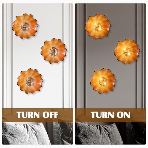 Image of Amber Glass Wall Light Dia 12 inch Wall Lamp with Murano Glass Shade Vintage Vanity Lighting Fixture with Metal Base Flush Mount Wall Sconce 2-Light for Bathroom, Bedroom, Bedside, Entryway