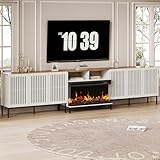 BVIUNTWO 3-Sided Glass Farmhouse Fireplace TV Stand for TVs Up to 110 Inch, Entertainment Center with 36' Electric Fireplace, Antique White TV Console with Storage Cabinets for Living Room