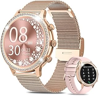 AIMIUVEI Smartwatch Damen mit Telefonfunktion Bluetooth 5.1, Diamond Love, 1.32 Zoll HD Armbanduhr, Menstruationszyklus SpO2 Pulsmesser Schlafmonitor Schrittzähler 20 Sportmodi Android iOS Roségold