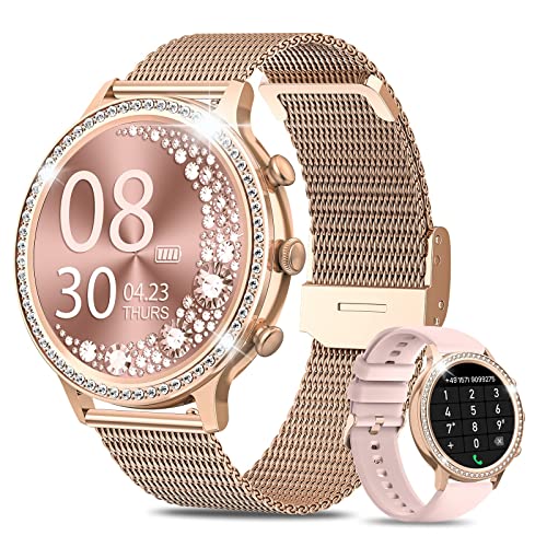 AIMIUVEI Smartwatch Damen mit Telefonfunktion Bluetooth 5.1, Diamond Love, 1.32 Zoll HD Armbanduhr, Menstruationszyklus SpO2 Pulsmesser Schlafmonitor Schrittzähler 20 Sportmodi Android iOS Roségold