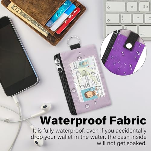 Image of Minimalist RFID Blocking Wallet with Lanyard, Functional ID Case with 2 Zipper Pockets and Key Chain for Men and Women, Tactical Badge Pouch Cards Holder, Coin Purse for Travel Sports-Purple