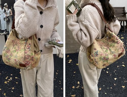 Image of Worldlyda Women Canvas Hobo Purse Multi Pocket Tote Shopper Shoulder Bag Casual Top Handle handbag with Embroidery Ethnic