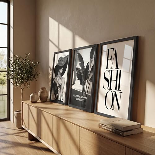 Image of NoWorries Modern Fashion Wall Art Frame Paintings 300 GSM Premium Prints | Vogue Lady Art, Botanical Print & Typography Frames | Stylish Home Decor for Living Room, Office & Bedroom | Synthetic Wooden Finish Wall Art Frames (Set of-3) (BLACK, ART-13, 10X13INCHES)