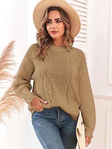 Image of ZAFUL Womens Sweater Cable Knit Oversized Sweaters Crewneck Long Sleeves Casual Knit Pullover Tops