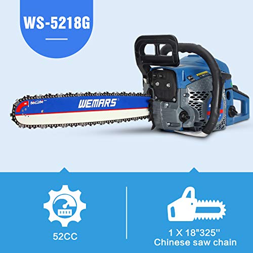 WEMARS Gas Chainsaw 52cc 18 Inch Power Chain Saw 2-Cycle Handed Petrol Chainsaws Gasoline Chain Saws Garden Tool for Cutting Wood Outdoor Home Farm Use
