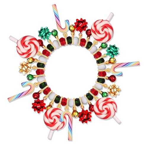 Christmas Beaded Bracelets for Women Fun Candy Cane Lollipop Present Bow Jingle Bell Pendant Elastic Stretch Bracelet Xmas Red Green Beads Friendship Holiday Party Bangle Wrist Jewelry Gift