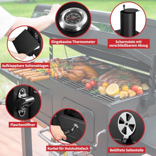 Grillwagen XXL Holzkohlegrill mit Deckel, BBQ Smoker Grill Rädern, Edelstahl-Griff, Grillrost und Thermometer, Standgrill, Kohlegrillwagen 154.5 x 89 x 122 cm