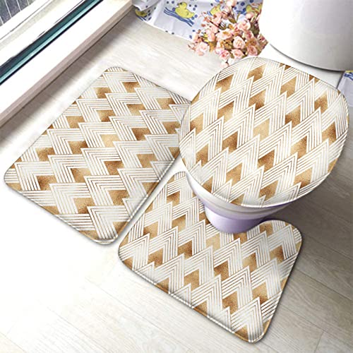 Badezimmerteppich-Set aus 3 Teilen, Muster mit goldenen geometrischen Formen und goldenem Glitzer, waschbarer Badvorleger, rutschfest, mit Rückenpolster, Konturteppich und Toilettendeckelbezug
