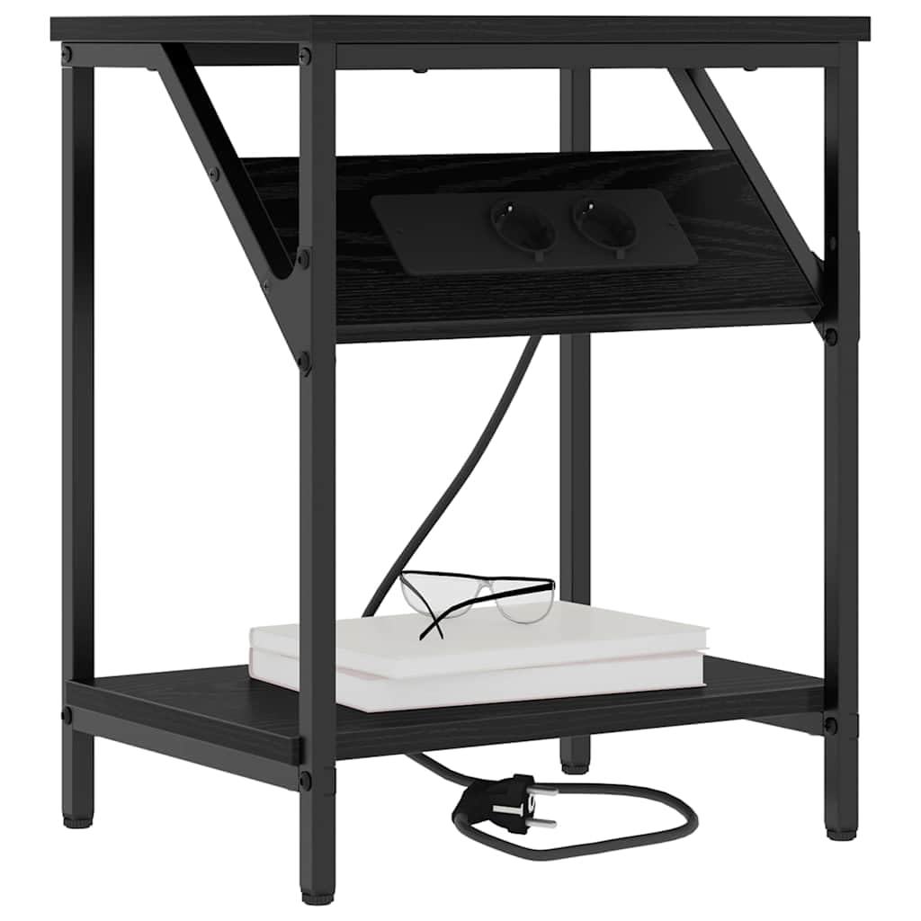 Mesa de Noche Moderna con Estantería Integrada y Fuente de Poder, Diseño Rectangular con Patas de Acero Negro, Superficie de Madera Resistente para Dormitorio Contemporáneo