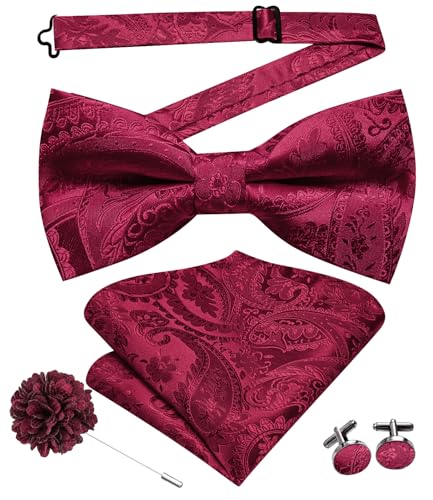 Image of Hi-Tie Bow Tie Men Pre Tied Bowtie Pocket Square Cufflinks Lapel Pin Formal Wedding Bow Ties for Men Party Tuxedo Bowtie Set,Wine Red Paisely Floral