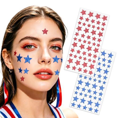 Red Blue Glitter Star Face Stickers, 2 Sheets 4th of July Star Tattoos Gems, Self-Adhesive Patriotic Stickers for Face Body, Independence Day Party Decorations, DIY Crafts, Holiday Accessories