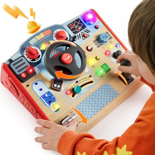 Image of TOP BRIGHT Montessori Busy Board with LED Light, Sensory Toys with Sounds & Switches, Activity Board for Kids 3-5, Car Driving Toy for Toddler Boy, 3 Year Old Girl Boy Gifts for Birthday Christmas