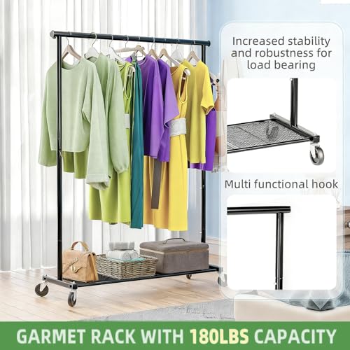 Image of Ekisemio Clothing Garment Rack on Wheels, Heavy Duty Clothes Organizer with Bottom Mesh Shelf for Hanging Clothes, Side with 2 Extend Hooks, Black
