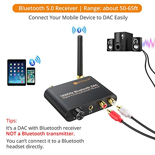 Neoteck DAC Convertitore 192Khz con Ricevitore Bluetooth 5.0 Controllo Volume - Digitale SPDIF Coaxial Toslink ad Analogico Stereo L/R RCA 3.5mm Jack Audio con USB Cavo Ottico per PS3 DVD PS4 Sky