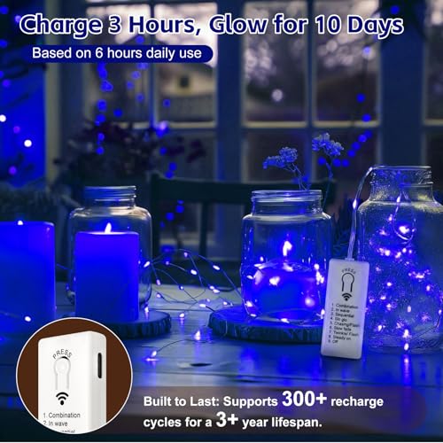 Image of 6 Pack Rechargeable Fairy Lights with Remote & DIY Timer, 7ft 20LED Dimmable Silver Wire String Light for Mason Jar, Mini Twinkle Lights for Indoor Christmas Bedroom Wedding Decor, Blue