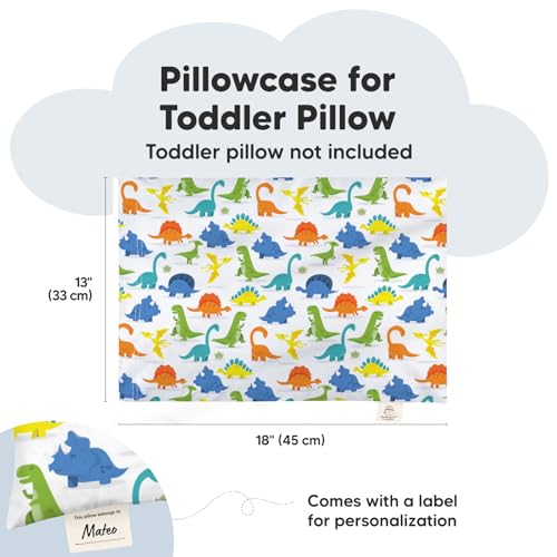Image of KeaBabies Toddler Pillowcase 13x18 Organic Cotton Cover (Happy Dino) | Standard Toddler Pillowcase for Kids, Boys Girls, Soft, Durable Cotton Cover for Miniature Sleepy Pillow Cute Color No Pillow