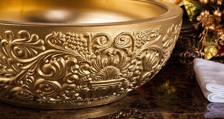 Złota vintage rzeźbiona artystyczna ceramiczna umywalka, luksusowy tłoczony blat okrągły zlew łazienkowy