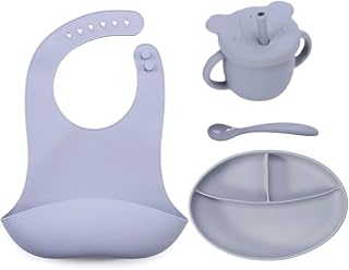 Kit Introdução Alimentar de Bebê em Silicone Livre de Bpa Prato Divisórias e Ventosa Babador de Silicone Colher e Copo com Canudo e Tampa Cor Cinza