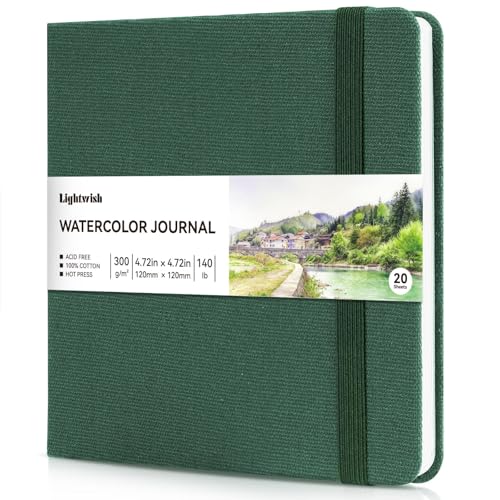 水彩日記帳 - コットン100%ホットプレス紙 | 20シート 40ページ | 300GSM (140ポンド) | リネンコットンカバー 水彩スケッチブック アーティスト絵画用 ミクストメディア 4.75 x 4.7インチ