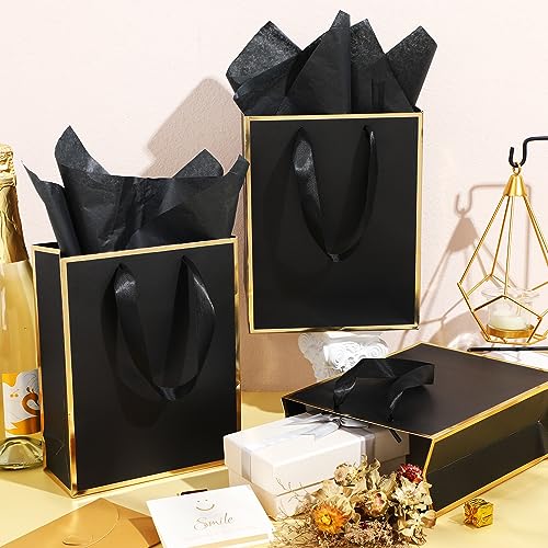 Image of Yeaqee 24 Pack Metallic Paper Gift Bag with Tissue, Black and Gold | with Satin Ribbon Handle and Tissue, 9x7x3.1 Inch, Suit Business, Birthday, Christmas, Thank You Return Gifts Bags