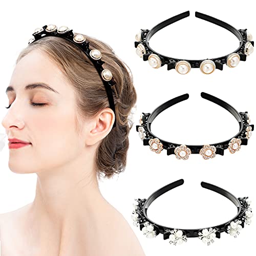 3 Pcs Rhinestone Double Bangs Hairstyle Headbands, Double Layer Pearl Twist Plait Hairpins Hollow Headband With Clips for Women Girls