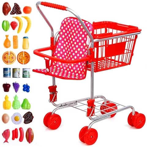 Shop 'N' Go Toy Shopping Cart for Kids and Toddler - Includes Food - Folds for Easy Storage - with Sturdy Metal Frame Pretend Play Food Role Play, Educational Toy (Doll Not Included) Cover