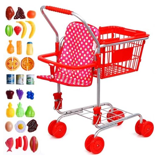 Shop 'N' Go Toy Shopping Cart for Kids and Toddler - includes Food - Folds for Easy Storage - with Sturdy Metal Frame Pretend Play Food Role Play, Educational Toy (Doll Not Included)