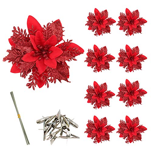 Efivs Arts 8 Pcs Artificial Poinsettia Christmas Flowers With Clips And Stems Glitter Christmas Tree Ornaments For Xmas Wreath Wedding，Restaurant Decoration (Red) #TOP21